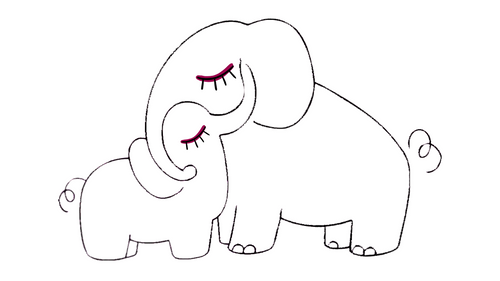 Two cartoon elephants hugging on a white background